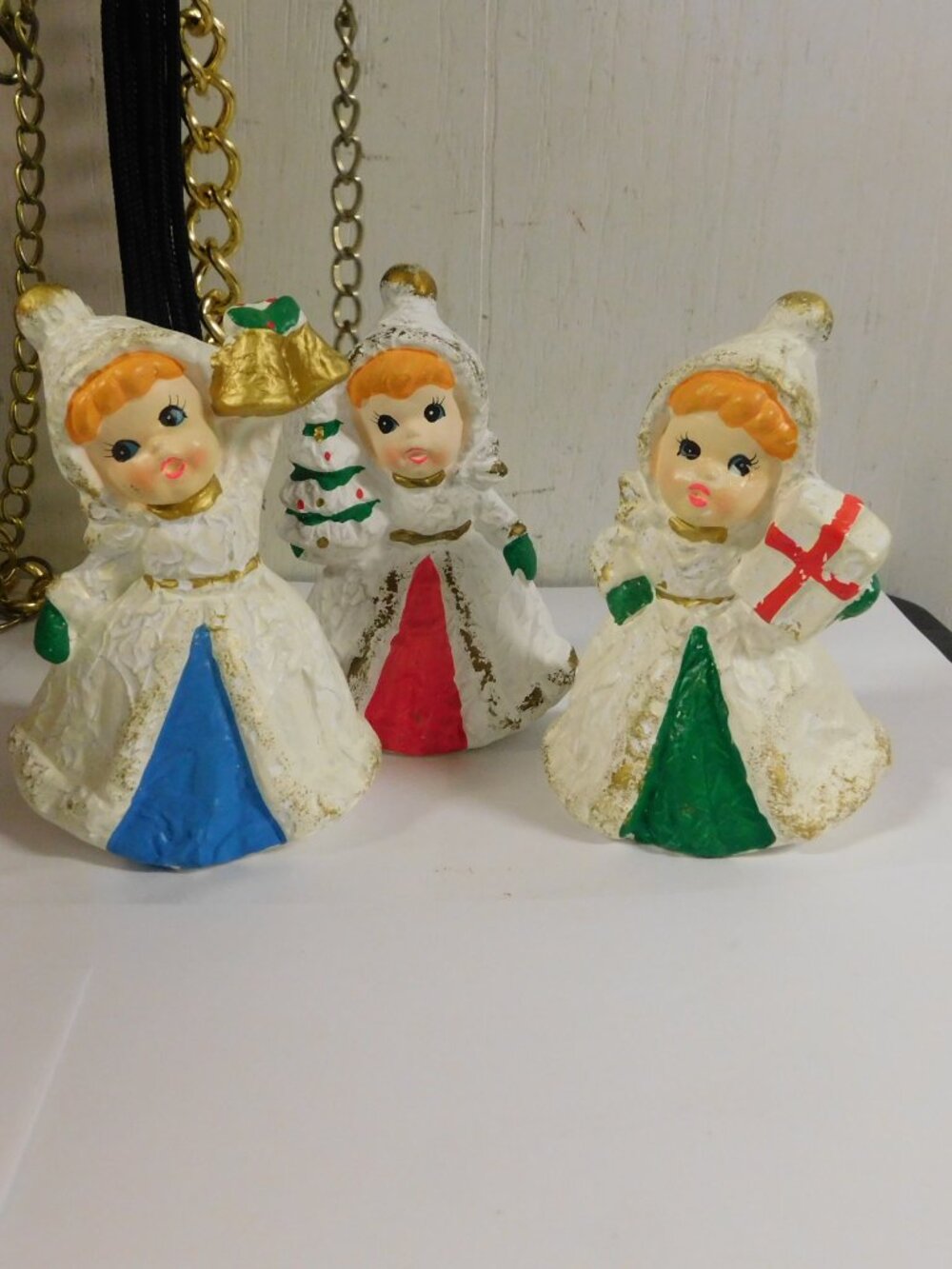 Vintage Paper Mache Angels Set of Angels Holding Tree , Present , Bells